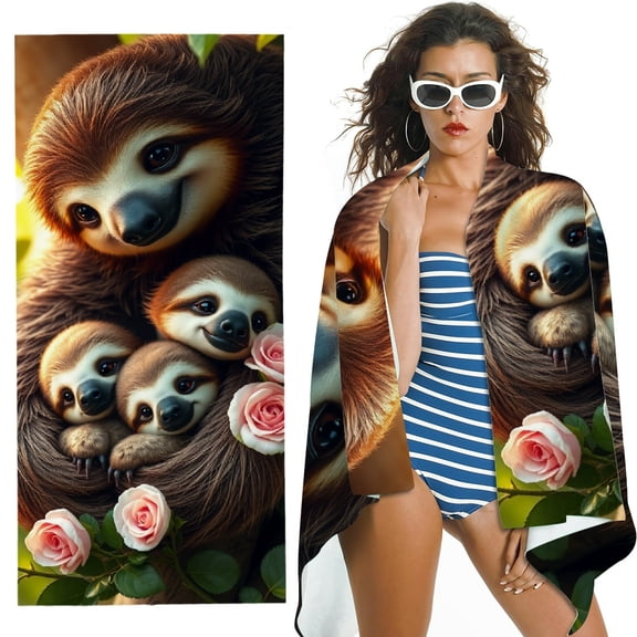RKSupls Sloth Family Rose Tree Microfiber Beach Towel, Extra Large Quick Dry Lightweight Absorbent Towel for Travel Swimming Camping, Soft Super Absorbent- 30x60 in