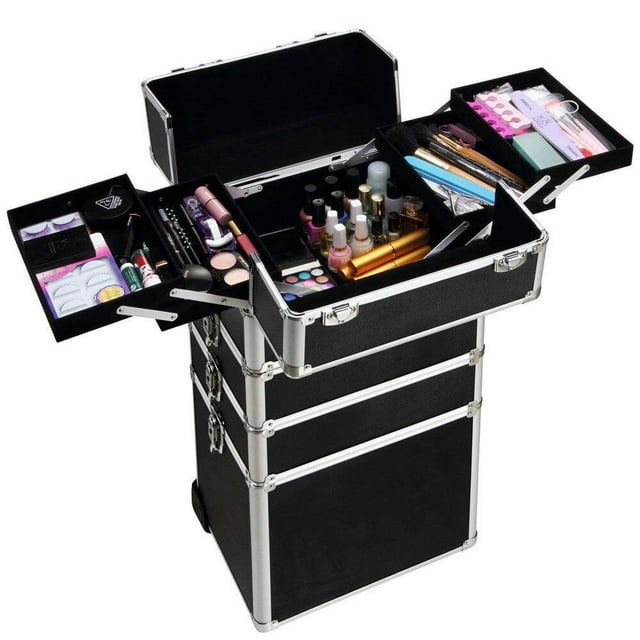 GoDecor 4in1 Black Rolling Wheeled Makeup Train Case Professional Artist Cosmetic Organizer Outdoor Box