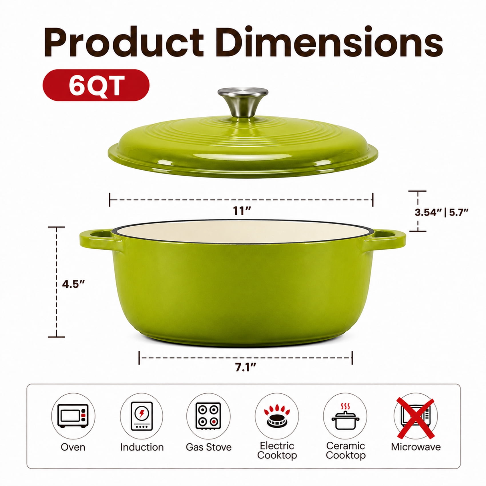 Alvantor Enameled Cast Iron Dutch Oven Pot with Lid-6Quart Non Stick Casserole Pot-Heavy Duty & Oven Safe up to 500° F for Bread Baking, Braising, Stews, Roasting