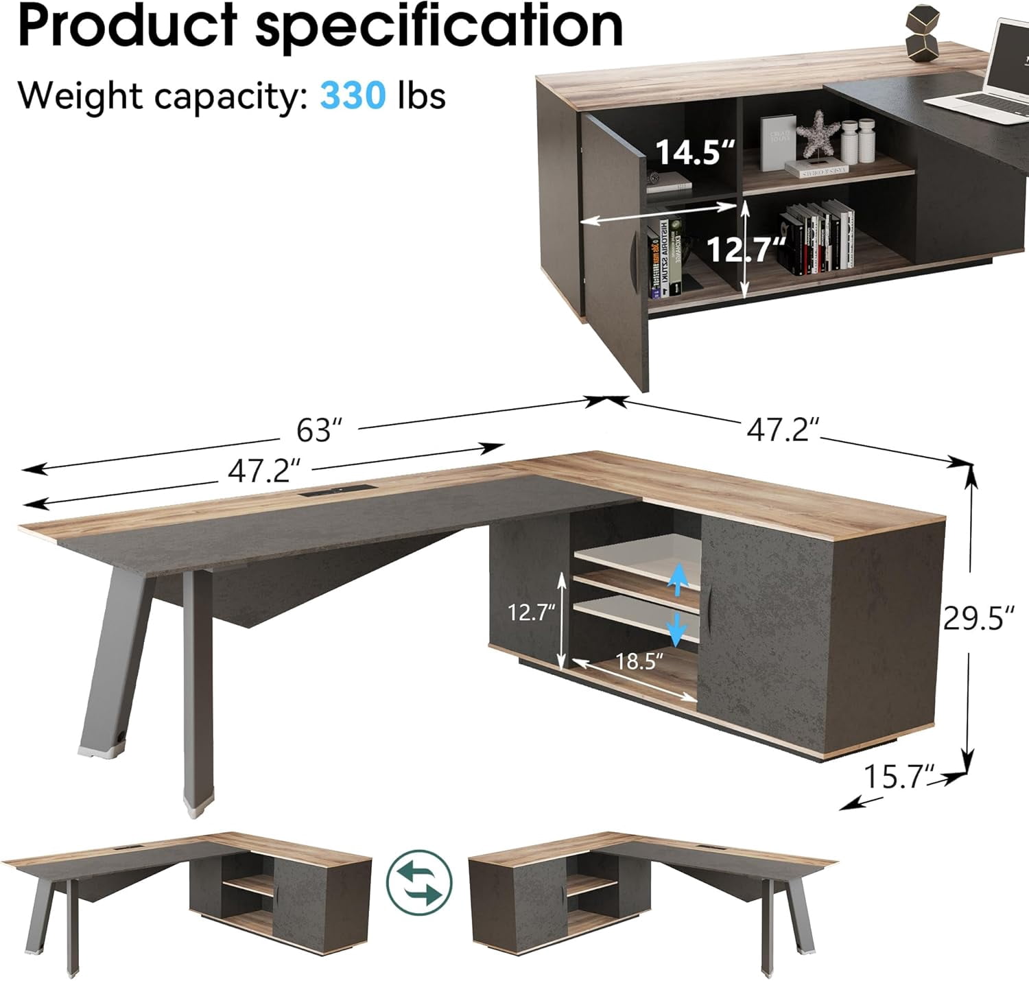 Wesome 63" Dark Mahogany L-Shaped Executive Desk with Cabinet Storage Shelves
