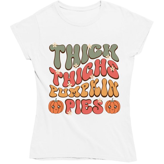 Thick Thighs Pumpkin Pies with Flowers Cute Groovy Retro Fall Autumn Thanksgiving T-Shirt