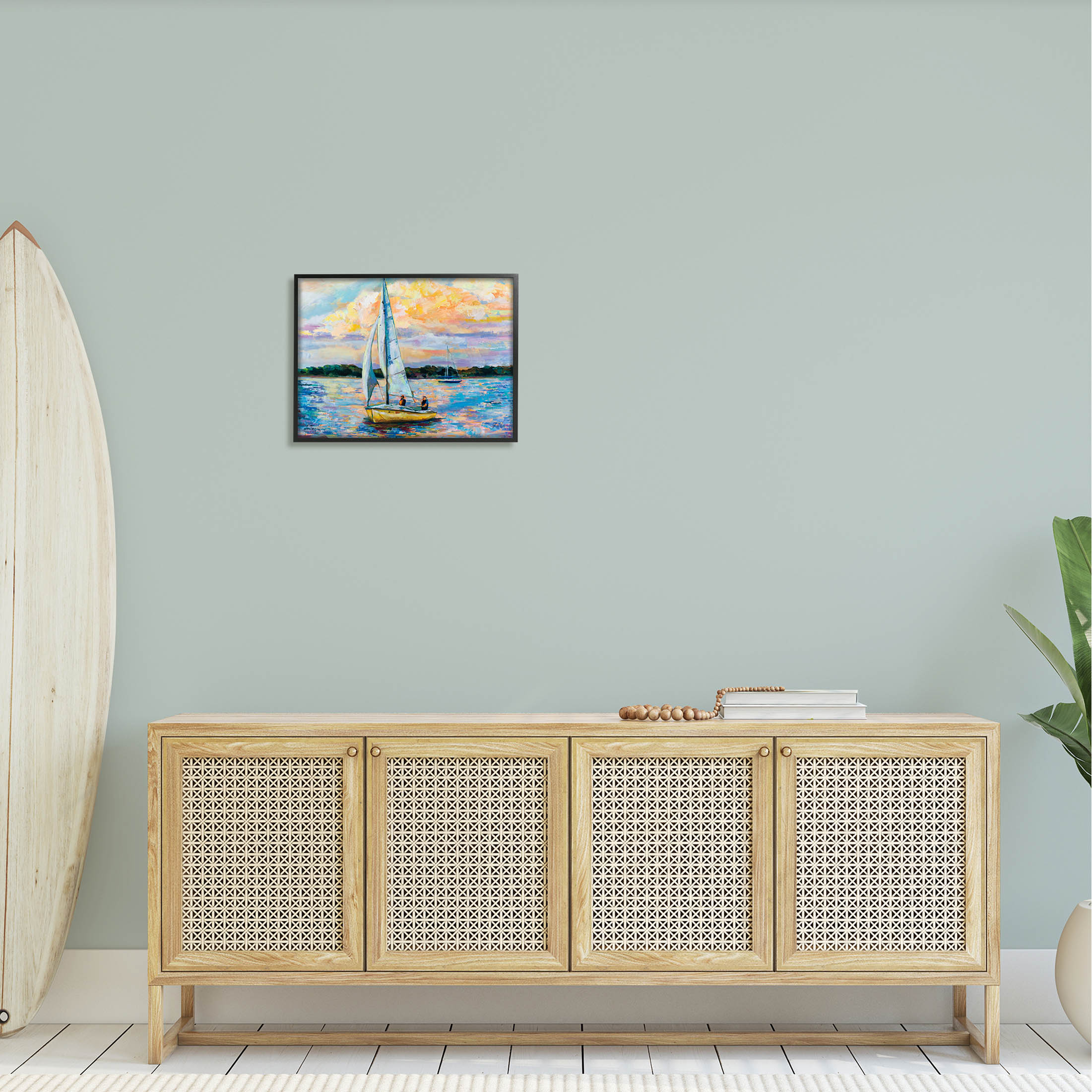 Stupell Industries Vivid Nautical Sailboat Landscape Painting Black Framed Art Print Wall Art, Design by Jeanette Vertentes