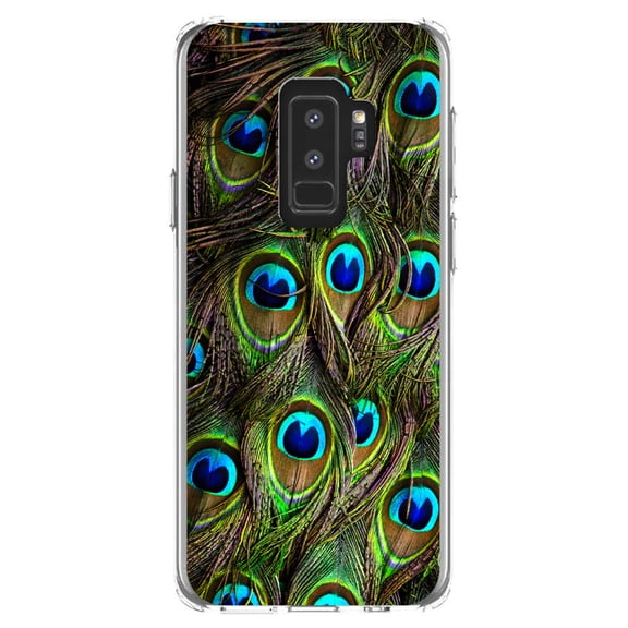 DistinctInk Clear Shockproof Hybrid Case for Samsung Galaxy S9  PLUS (6.2" Screen) - TPU Bumper, Acrylic Back, Tempered Glass Screen Protector - Peacock Feathers - Animal Print