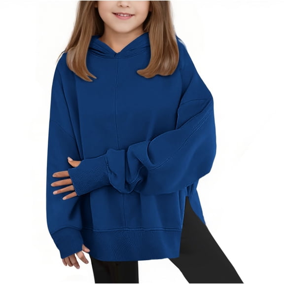 UACY Teen Girls Fleece Split Hoodies Kids Plain Oversized Loose Pullover Thumb Hole Hooded Sweatshirts Cute Warm Clothes (Blue, 9-10 Years)