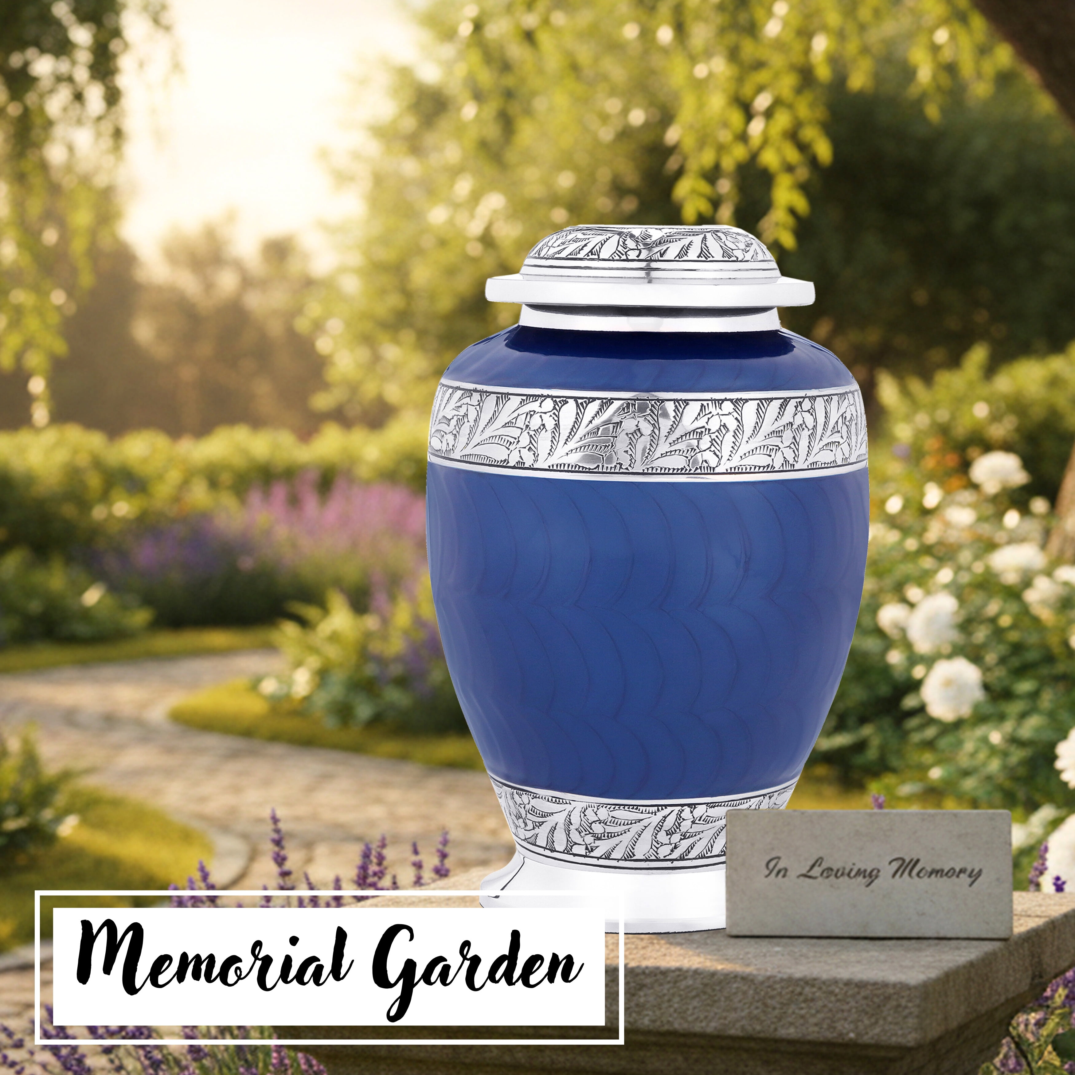 Aluminum Handcrafted Urn - Elegant Keepsake Holder for Adult Human Ashes (Ocean Blue & Pewter)