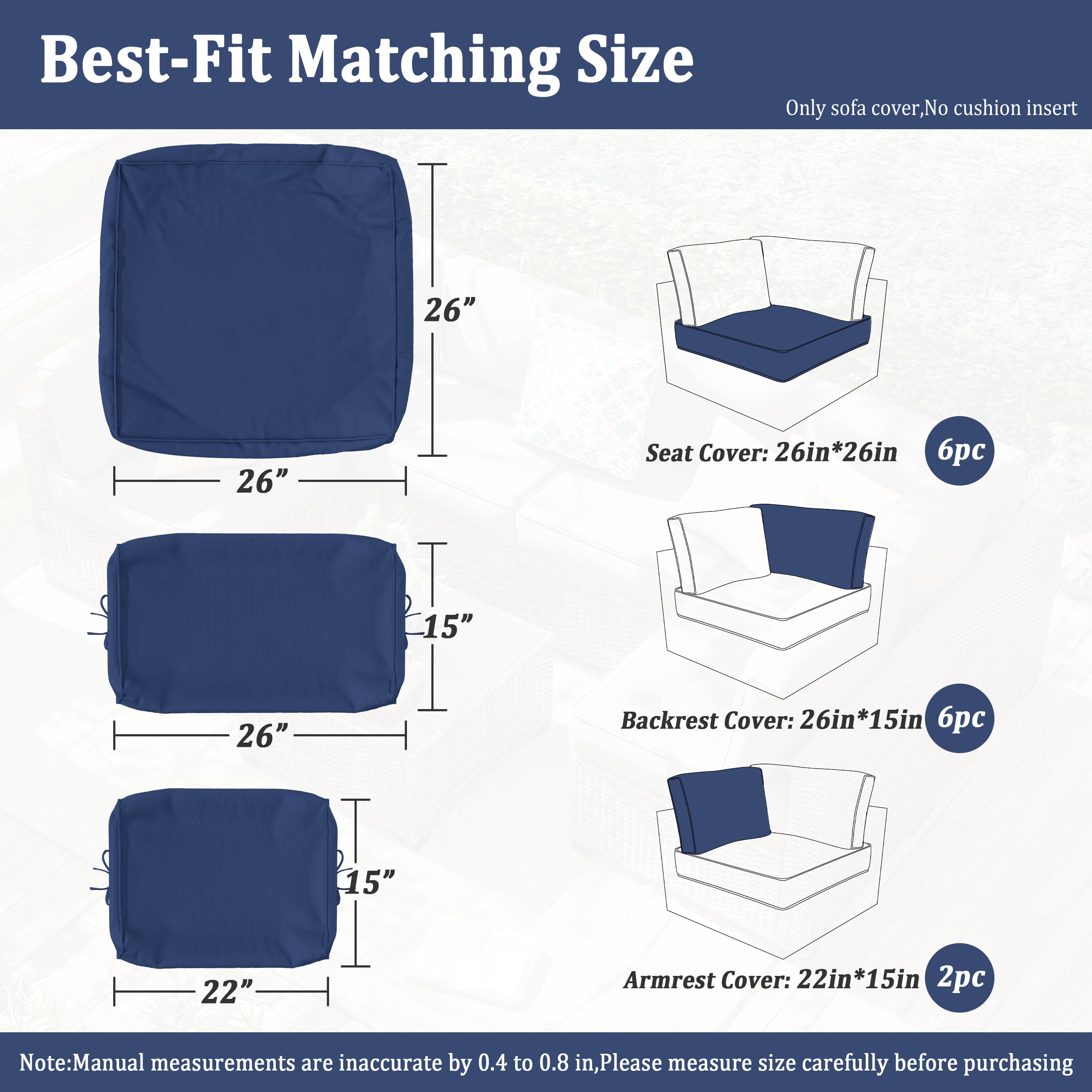 Kimunuk 14 Pcs Outdoor Cushion Slipcovers, Replacement Outdoor Patio Cushion Covers with 3 Size, Waterproof and Zippered, Fit for Outdoor Furniture, Patio Sofa Couch, Covers Only, Blue