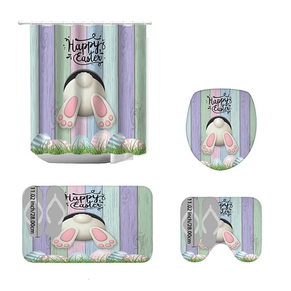 HuiXinOu Easter Bathroom Set 4-Piece, Shower Curtain Floor Mat Toilet Lid Cover, Waterproof Bunny Eggs Theme Decor for Home Bath