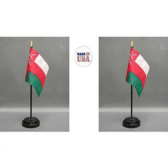Made in The USA. 2 Oman Rayon 4"x6" Miniature Office Desk & Little Hand Waving Table Flags Includes 2 Flag Stands & 2 Small Mini Omani Stick Flags
