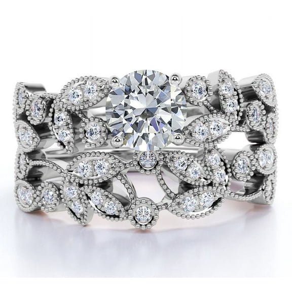 JeenMata Round Cut Diamond - Vintage - Flower - Milgrain - Engagement Ring - Wedding Set - 10K White Gold