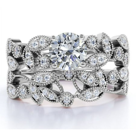 JeenMata Round Cut Lab Grown Diamond - Vintage - Flower - Milgrain - Engagement Ring - Wedding Set - 10K White Gold