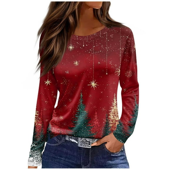 Enjoytime Christmas Tops for Women Trendy Printed Round Neck Long Sleeve Shirts Xmas Holiday Casual Plus Size Women Blouses Army Green XXXL