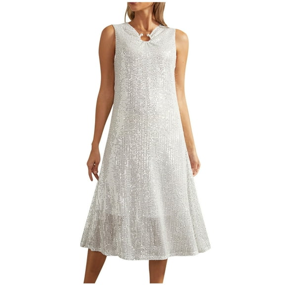 Besolor Womens Sequin Gowns Dress Round Neck Sleeveless Sparkly Glitter A-Line Cocktail Party Midi Dresses