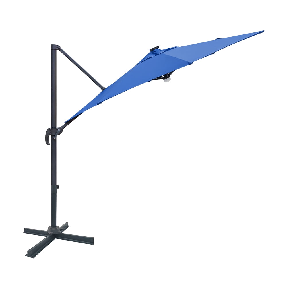 Abble 120" Navy Solid Print Octagon Cantilever Patio Umbrella with Solar Powered LED Lights
