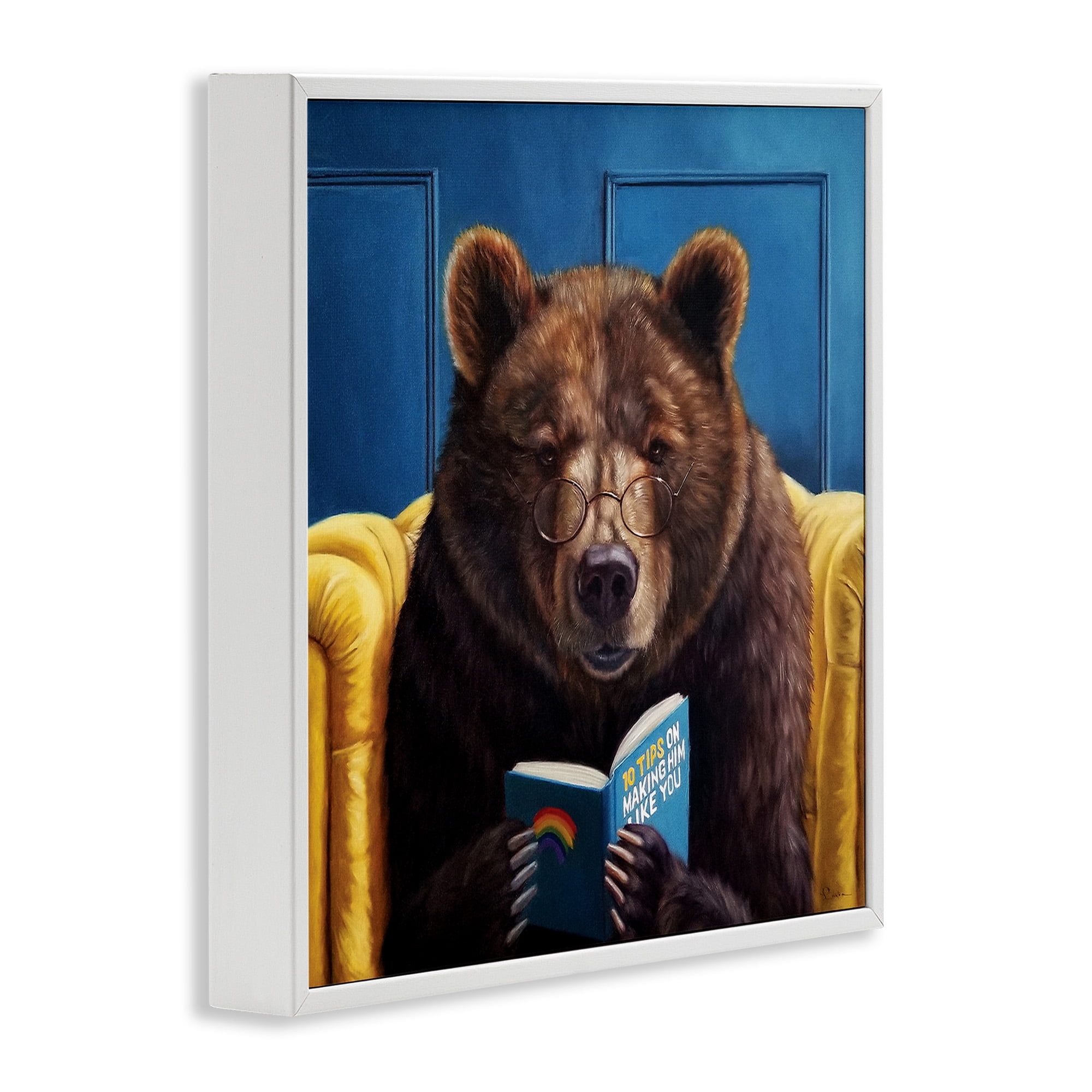 Stupell Industries Brown Bear Reading Dating Book Animals & Insects Painting White Framed Art Print Wall Art, 12 x 12