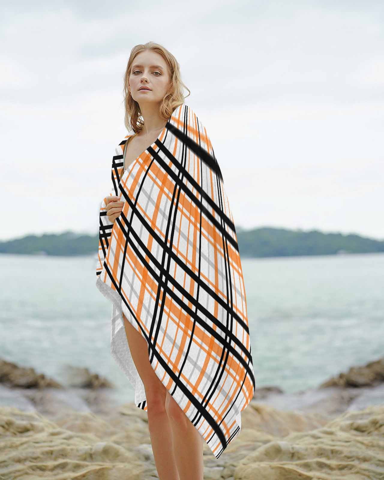 Orange Black Plaid Beach Towels Oversized Super Absorbent, Farmhouse Orange Black Checkered Lightweight Bath Towel Quick Dry Sets For Bathroom/Pool/Rv Camping/Beach Play/Gym Room/Picnic 23"x47"
