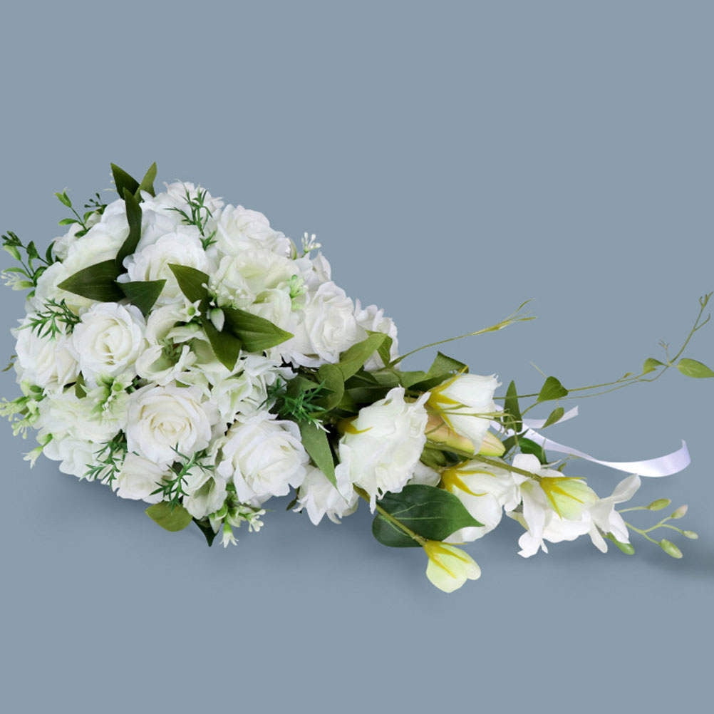USHOBE Waterfall Teardrop Bridal Bouquet, White Artificial Wedding Flowers for Wedding Decor