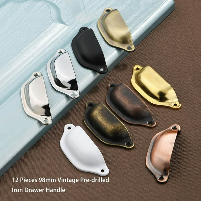 12 Pcs Poignée de Tiroir 98mm Vintage Pré-Percée Couleur Unie Remplacement Poignée de Placard Garde-Robe Porte d'Armoire Matériel de Traction avec Vis Bronze Cyan