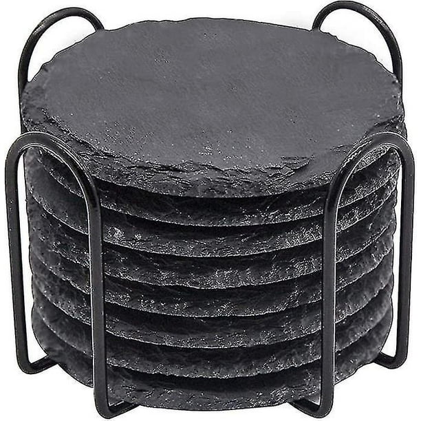 Slate Drink Coasters With Metal Holder 4 Inch 8 Pieces Black
