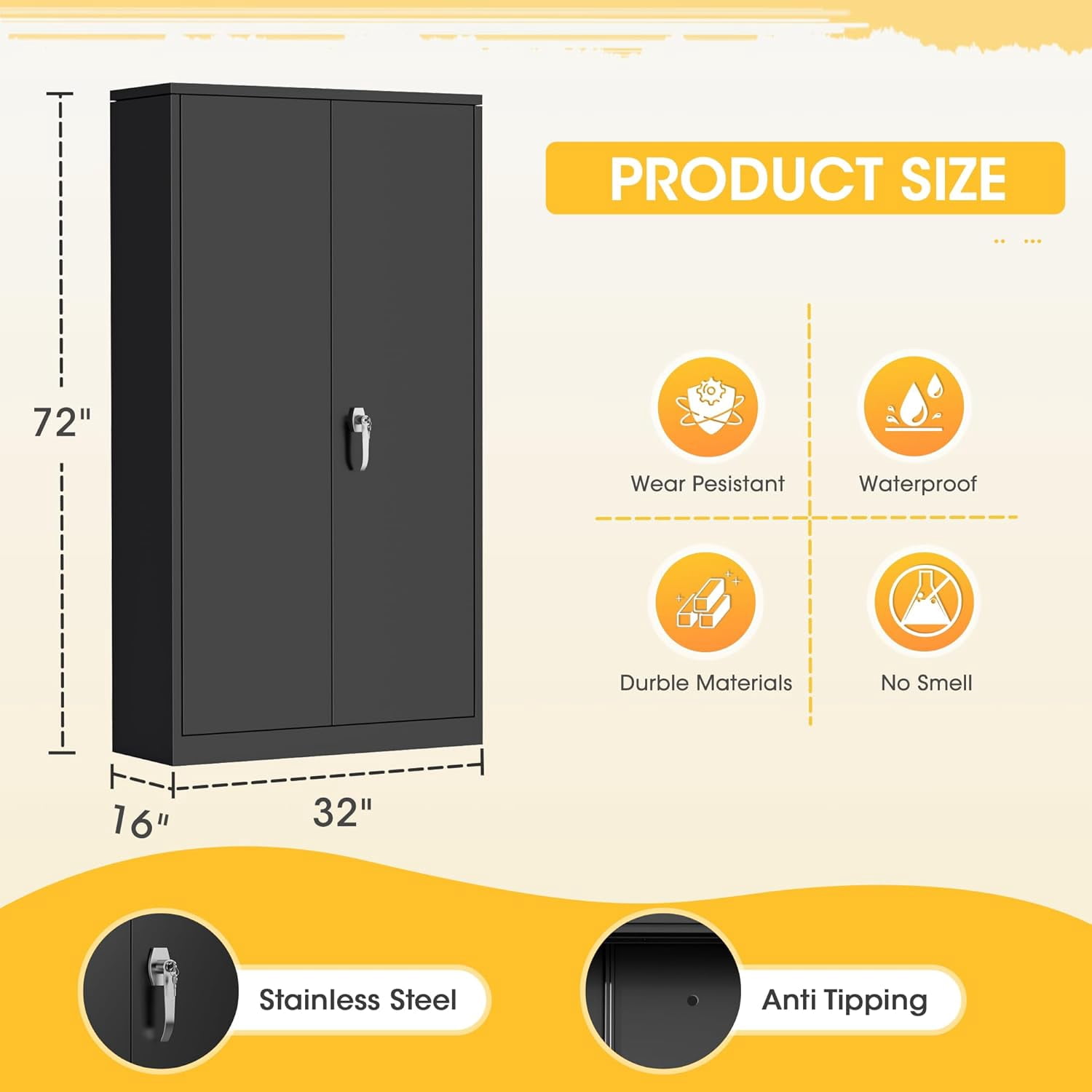 SOLAURA Metal Storage Cabinet with Locking Doors and 4 Adjustable Shelves, 71"H x 32"W x 16"D Cabinet for Office, Home, Garage, Warehouse(Black)