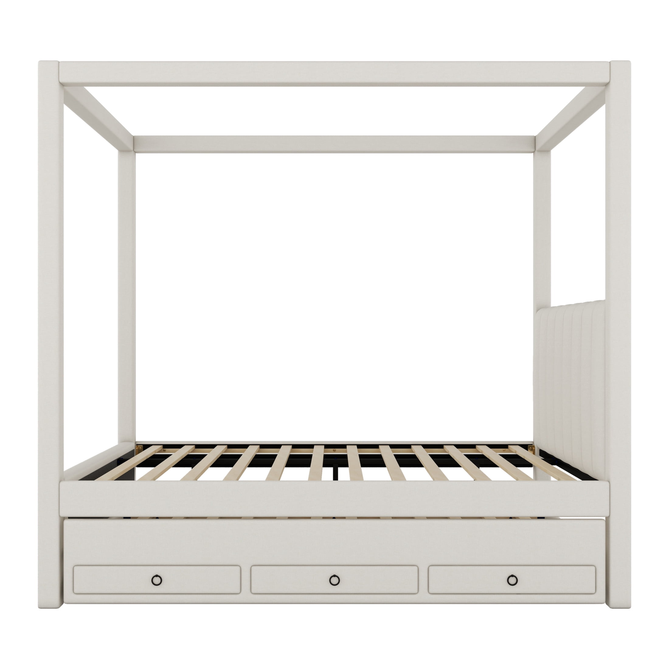 Noble House Full Canopy Platform Bed, Linen Upholstered Frame with Trundle and Storage Drawers, Beige