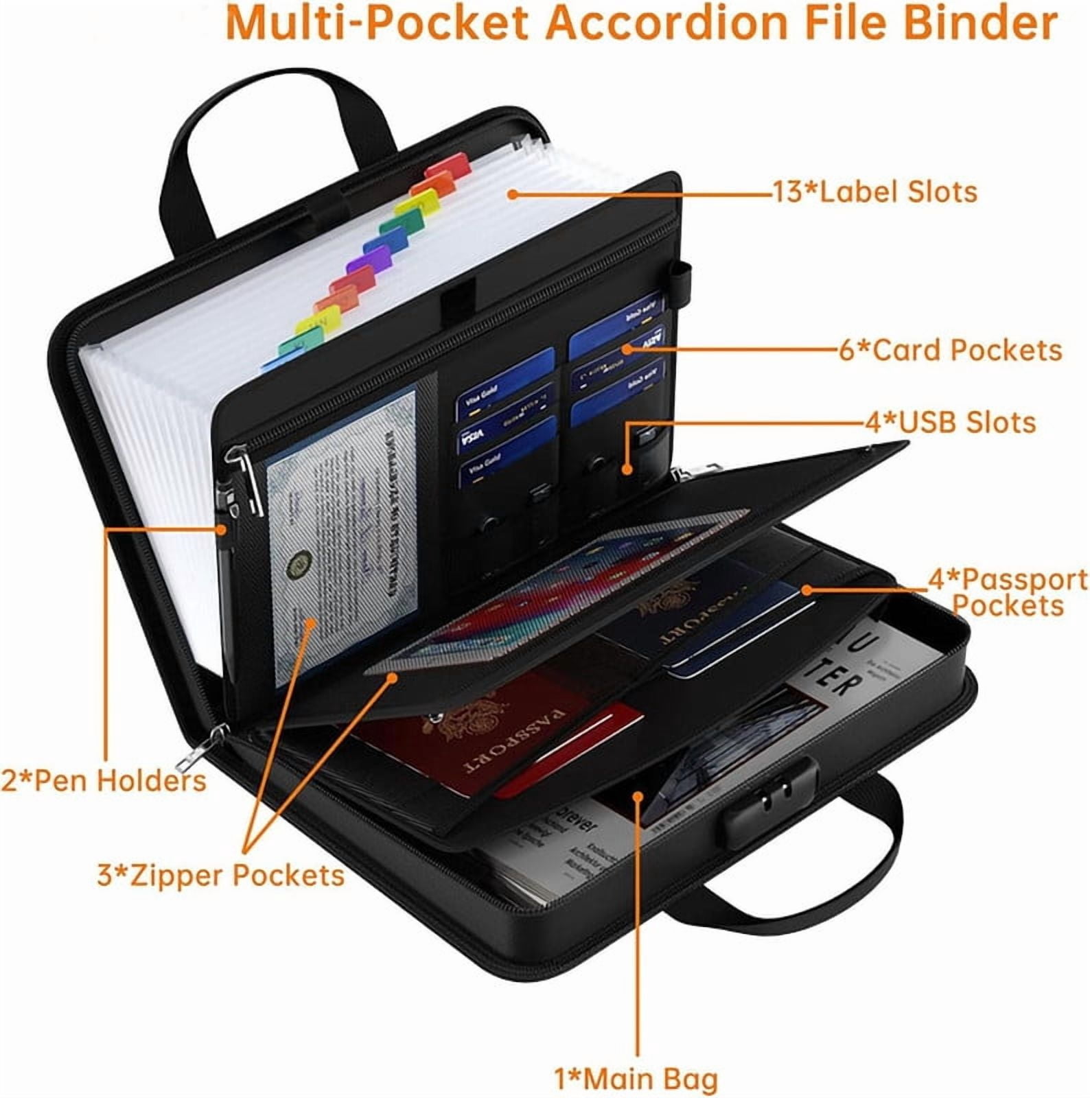 Fireproof Accordion File Organizer with Combination Lock, Portable Water Resistant File Organizer, Document Organizer with Handle Home Office Travel Safe Storage for Letter Size Files