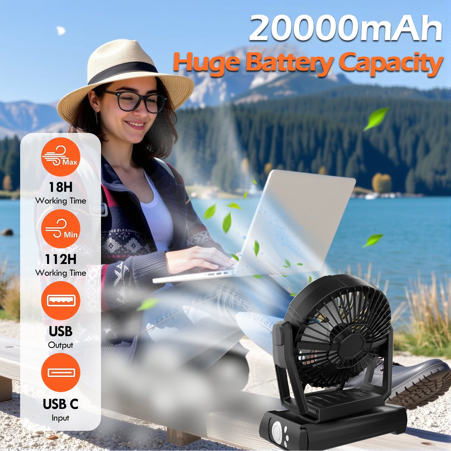 IC ICLOVER Camping Fan with LED Lantern Light, Rechargeable 20000mAh Battery Operated Portable Fan, Auto Oscillation Remote Control Timer Desk Fan for Tent, Travel, BBQ, Fishing, Black
