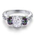 thumbnail image 3 of Gem Stone King 925 Sterling Silver White Moissanite and Green Mystic Topaz Filigree Style 3 Stone Ring for Women (2.70 Cttw, Oval 8X6MM and 6X4MM) (Size 9), 3 of 6
