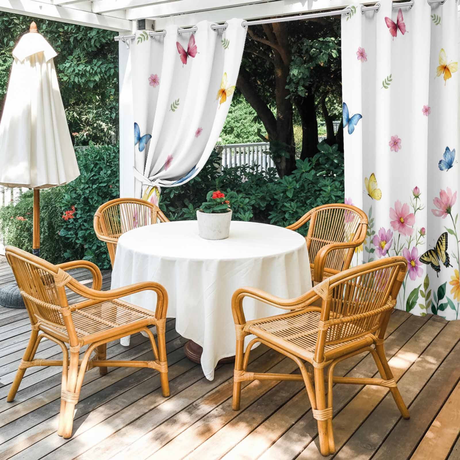 Summer Flower Outdoor Curtains for Patio, Rustic Pink Floral Color Butterfly Farmhouse Country Sunshade Privacy Drapes Grommet Waterproof Outside Curtains for Porch/Cabana/Balcony 54"x 95", 1 Panel