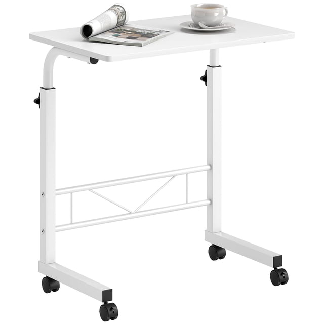 Bureau Mobile à Hauteur Réglable - Table d'Appoint Blanche Roulante pour Sofa, Lit, Salon - Table Compacte Autoportante pour Portable avec Roulettes - 23,5” x 15,8”