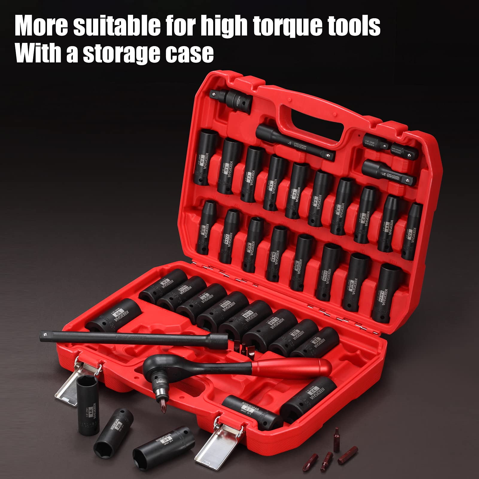 KBOISHA 1/2" Drive Impact Socket Set,48-Piece 6 Point Deep Socket Set Standard SAE and Metric CR-V Steel Sockets with Bit Adapter & Ratchet Handle