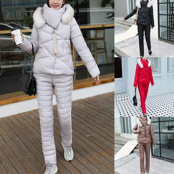 PXLKNZH Womens Snow Suit 2 Piece Outfits Thick Snowsuit Fashion Winter Warm Outdoor Ski Suits Sports Snowboarding Puffer SetBlack,XXL