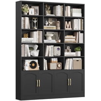 Homfa 5-Tier Triple Wide Bookcase with 4 Doors, 15 Cubes Bookcase with 2 Cabinets for Study Living Room Home Office, Black