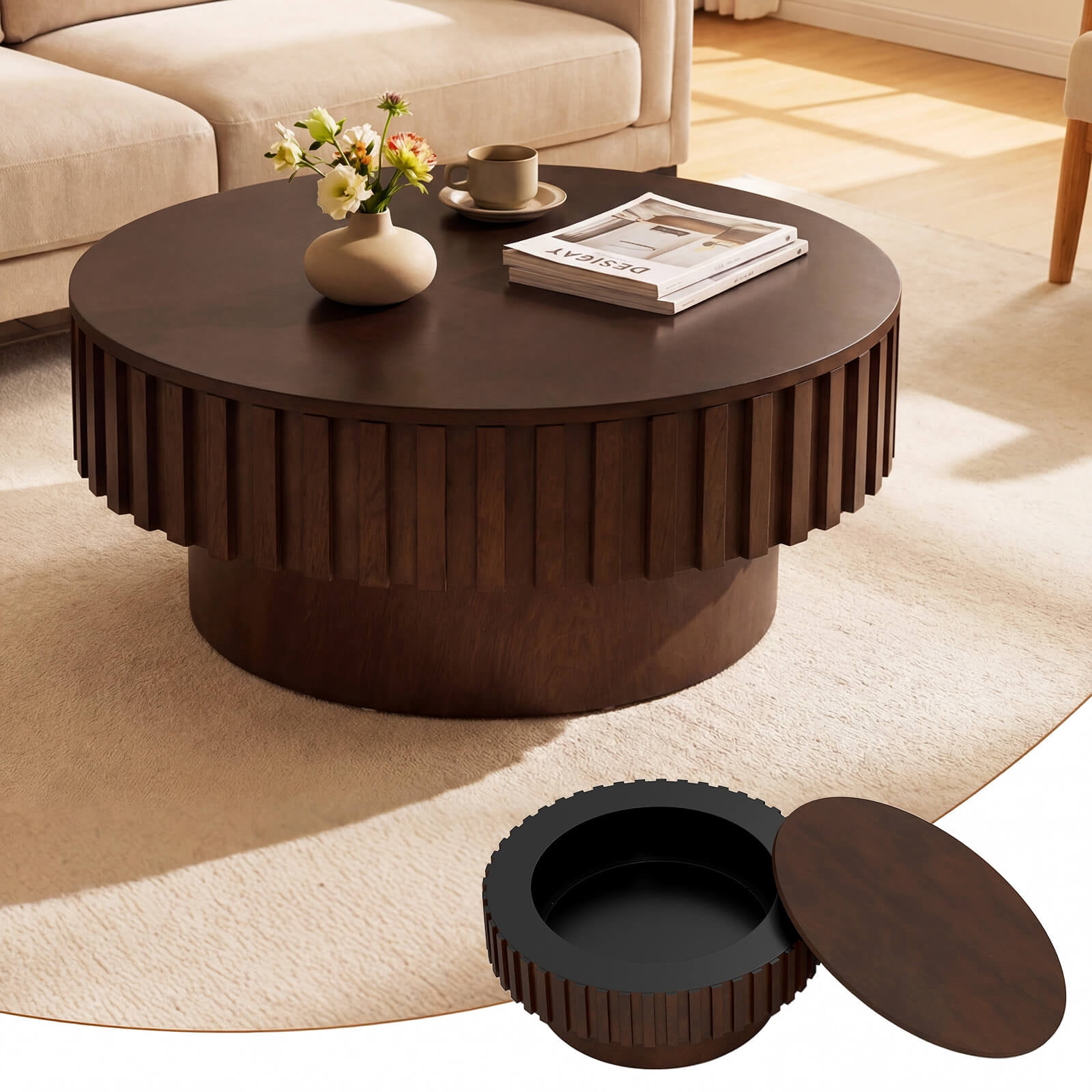 Costway Round Coffee Table with Storage, Wooden Drum Coffee Table with Hidden Compartment Walnut