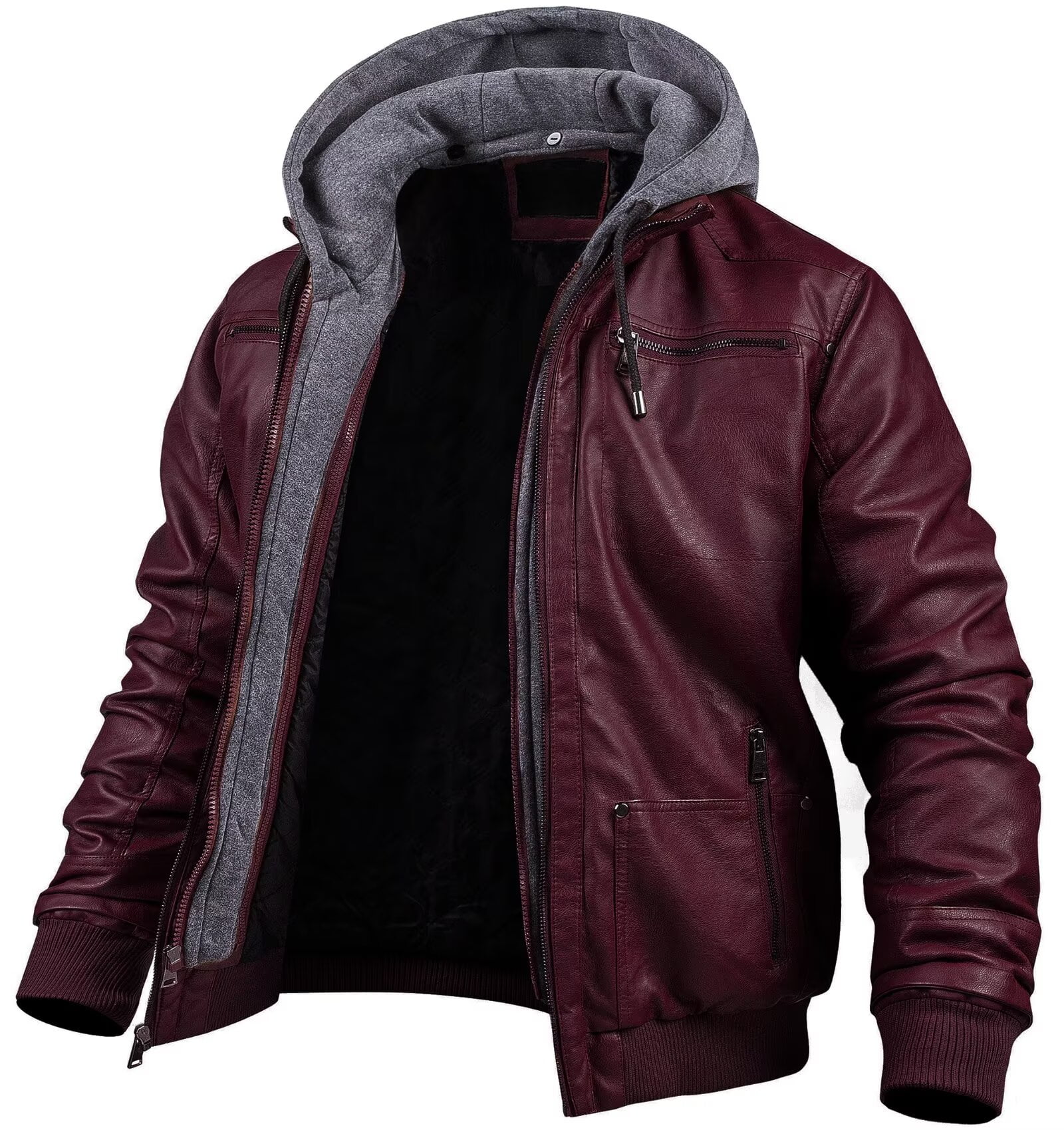 Chrisuno Men's Faux Leather Jacket Vintage Motorcycle Jacket Warm Winter Coat Wine Red XL