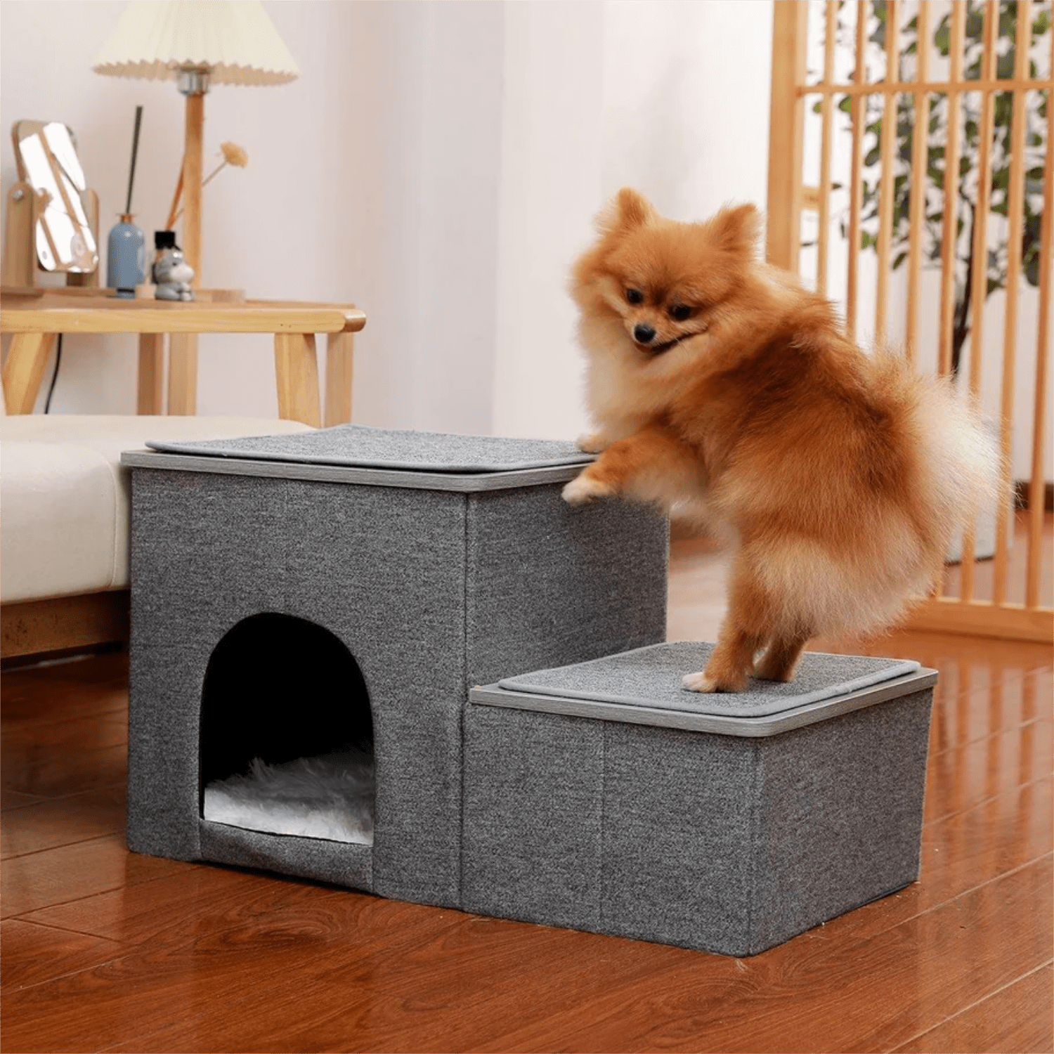 Pefilos 14 Inches Foldable Pet Stairs 2 Steps for Dogs Puppies, Multi-Functional Dog Stairs for Bed or Car with Kennel & Storage Box, Useful 2 Steps Ladder Ramp for Cats Dogs, Beige Pefilos 14 Inches Foldable Pet Stairs 2 Steps for Dogs Puppies, Multi-Functional Dog Stairs for Bed or Car with Kennel & Storage Box, Useful 2 Steps Ladder Ramp for Cats Dogs, Beige