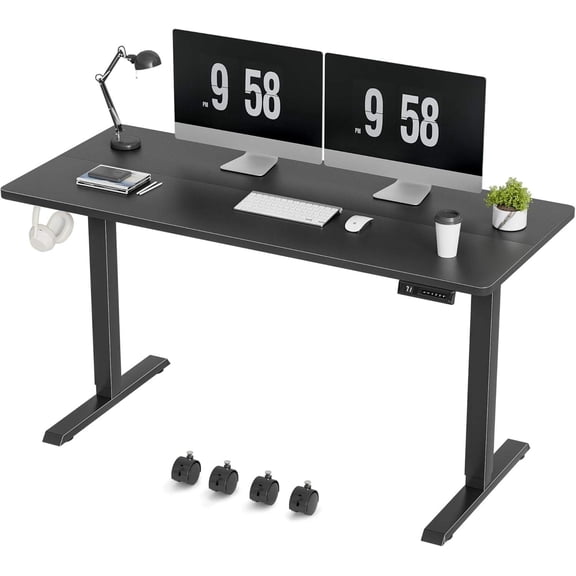 Electric Height Adjustable Standing Desk, 55" x 24" with Removable Casters, Black