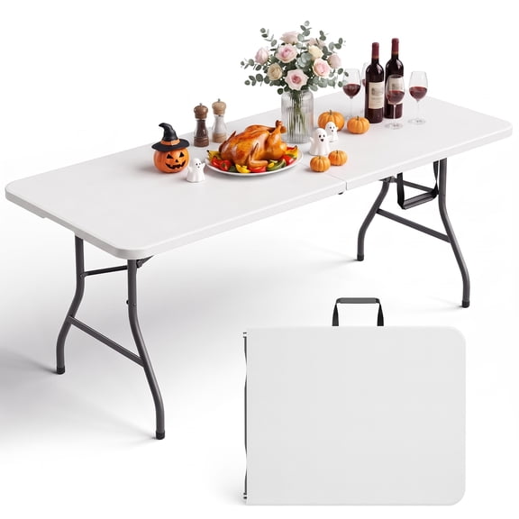 WASUHE 6FT Folding Table, Heavy Duty Portable Tables with Built in Handle & Steel Legs, Perfect for Party, Dining, White