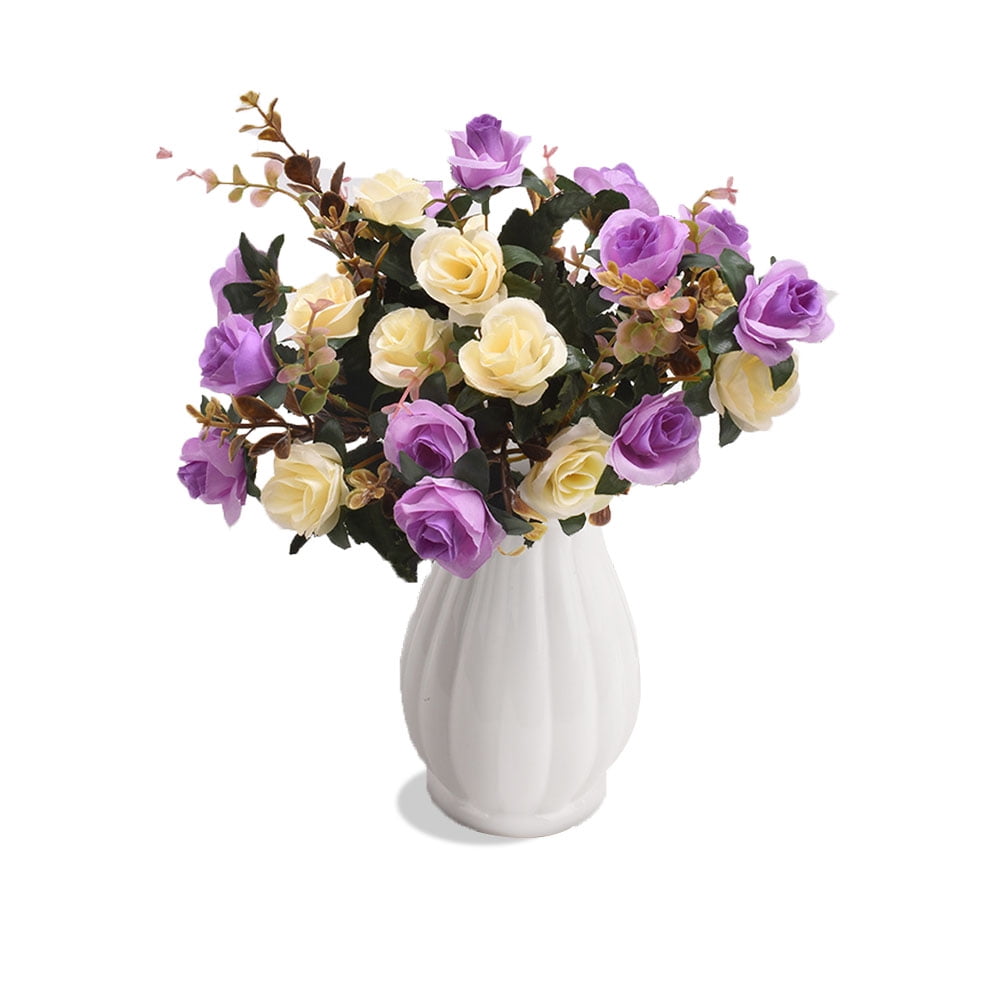 2pcs White Fake Flowers Plastic Rose Floral 24 Heads Artificial Rose