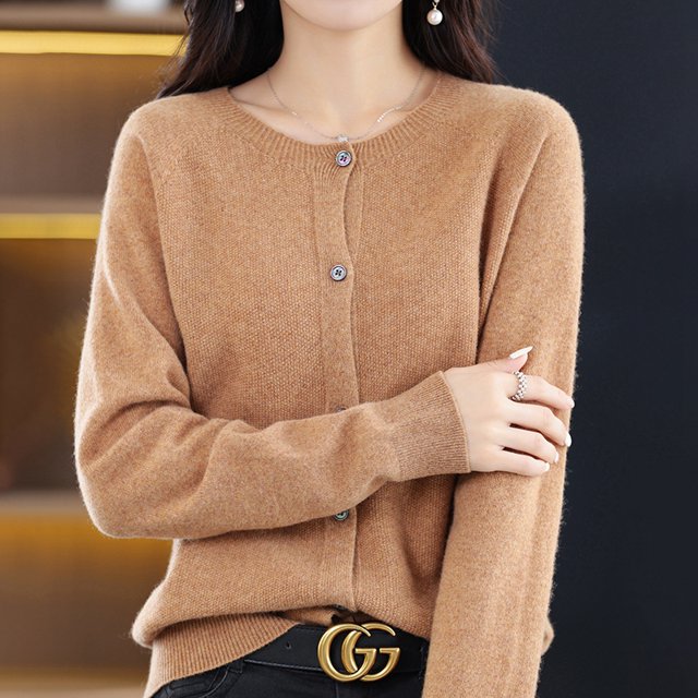 Suéter tipo cárdigan de cuello redondo de lana para mujer, nueva moda de primavera y otoño, 24 prendas de vestir con agujas de osmanto para mujer, top coreano de punto Grace