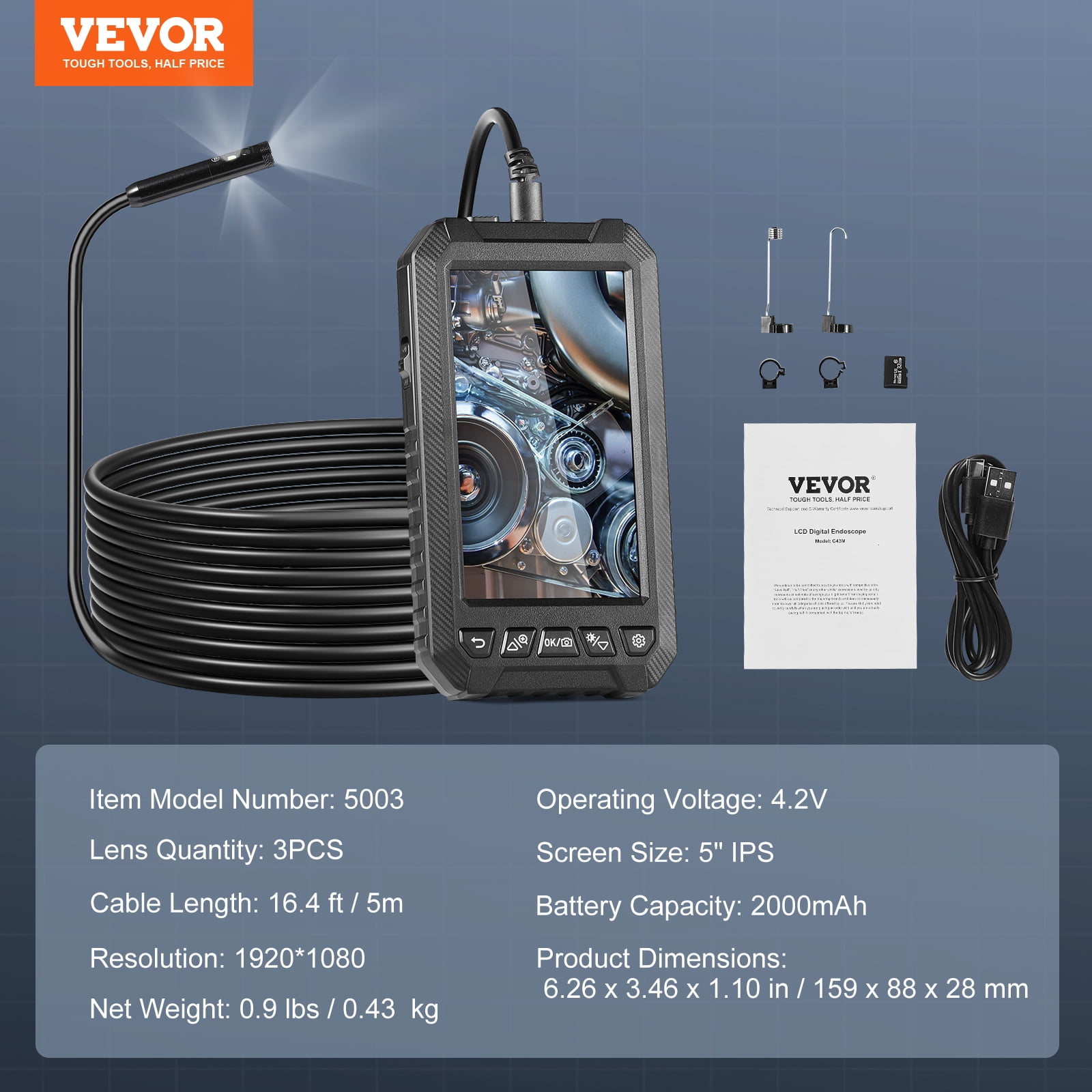 VEVOR Endoscope Camera with Light, Triple Lens Industrial Borescope, 5" Screen 1080P Inspection Camera, 8 + 2 Lights, IP67 Waterproof Snake Camera for Automotive, Plumbing (16.4FT Cable, 32GB Card)