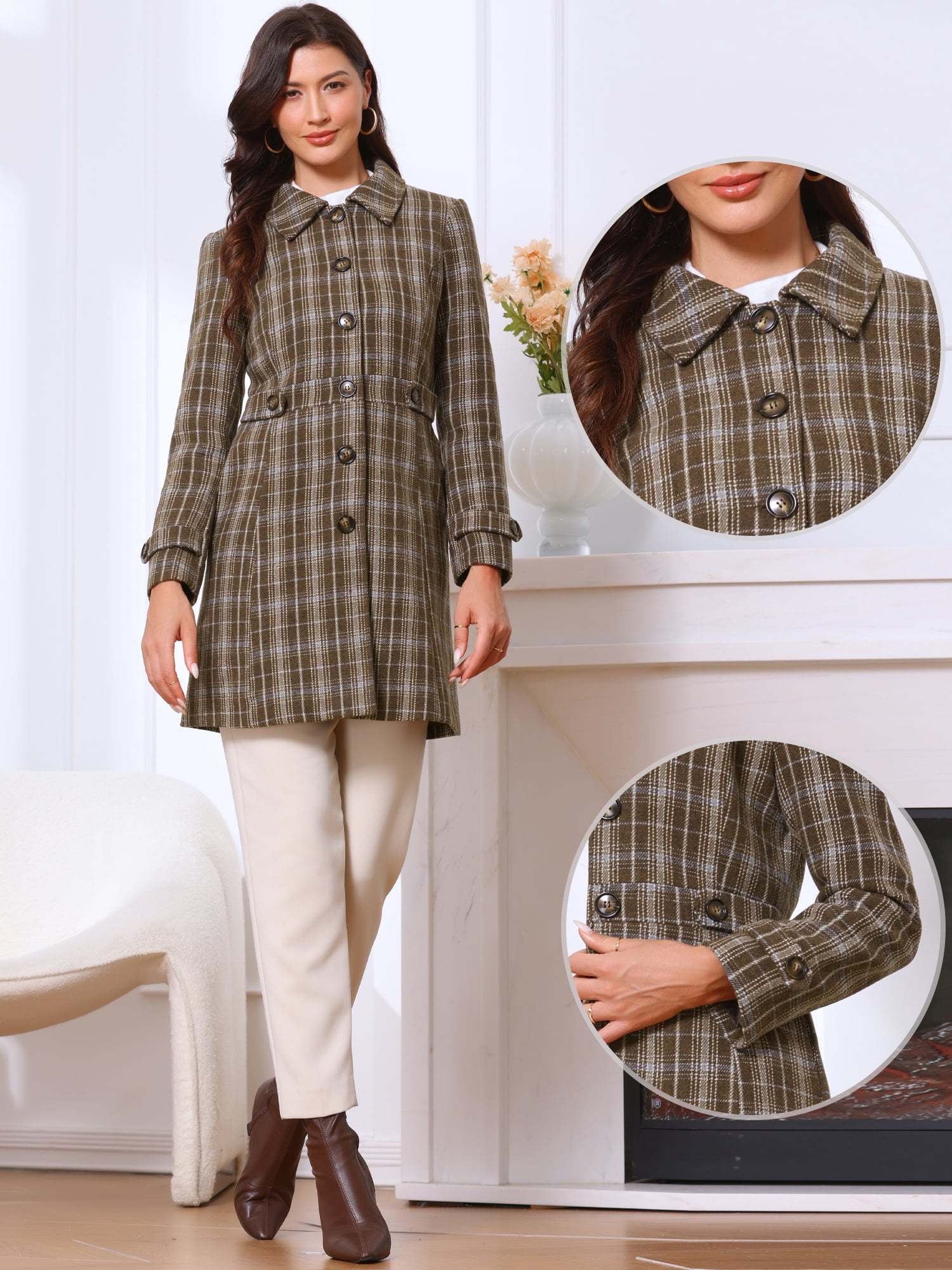 DARING DIVA Women's Single Breasted Vintage Winter Overcoat Plaid Pea Coat S Coffee