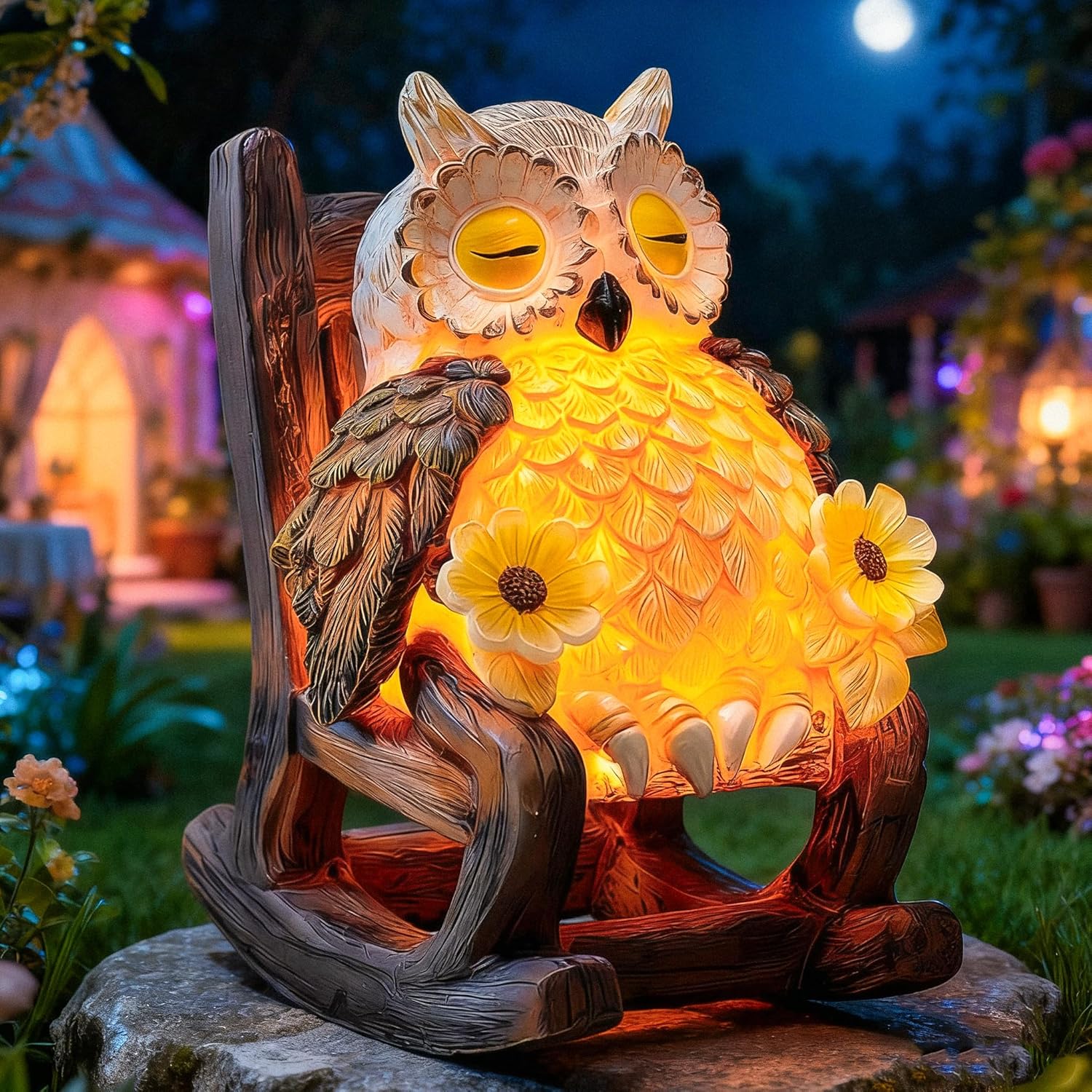 RGHJAR-Garden Gift for Mom Grandma, LED Solar Owl on Chair Patio Sculpture, Cute Outdoor Fairy Garden Housewarming Decor Figurine 6x4.5x3.3 in