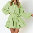 thumbnail image 6 of qolati Women's Mini Dresses 2023 Fall Lantern Sleeve V Neck Button Up A-Line Dress Fashion Layered Ruffle Hem High Waist Party Holiday Dress, 6 of 6