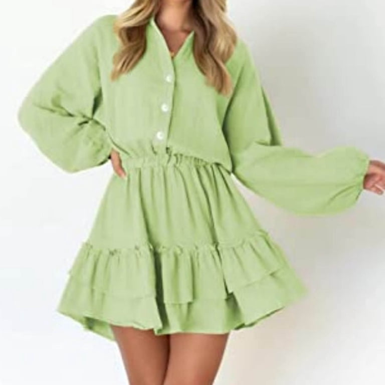QUNYINEY Solid Womens Spring Dresses Puff Long Sleeve Casual Peplum Dress  Button V Neck Mini Dresses - Walmart.com