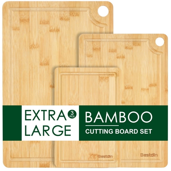 Bestdin Bamboo Cutting Board Set for Kitchen,Set of 3 Chopping Boards with Juice Groove, Natural Wood Cutting Boards for Butcher Block, Cheese, Vegetables