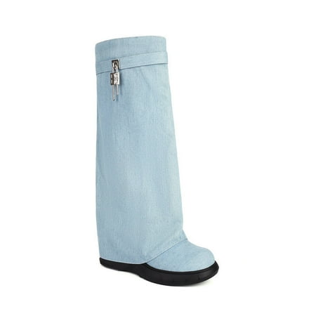 

new women‘s pants tube boots Denim fabric platform wedge high heel belt buckle women‘s high boots knee-length Martin boots