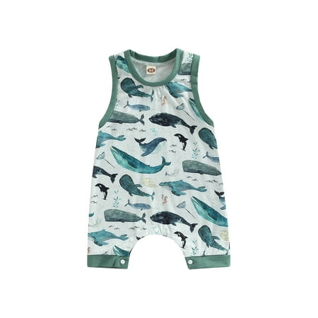

Gzhioc Newborn Sleeveless Patchwork Edge Romper Marine Animals Printed Round Neck Snap Crotch Loose Fit Bodysuit 0-18 Months