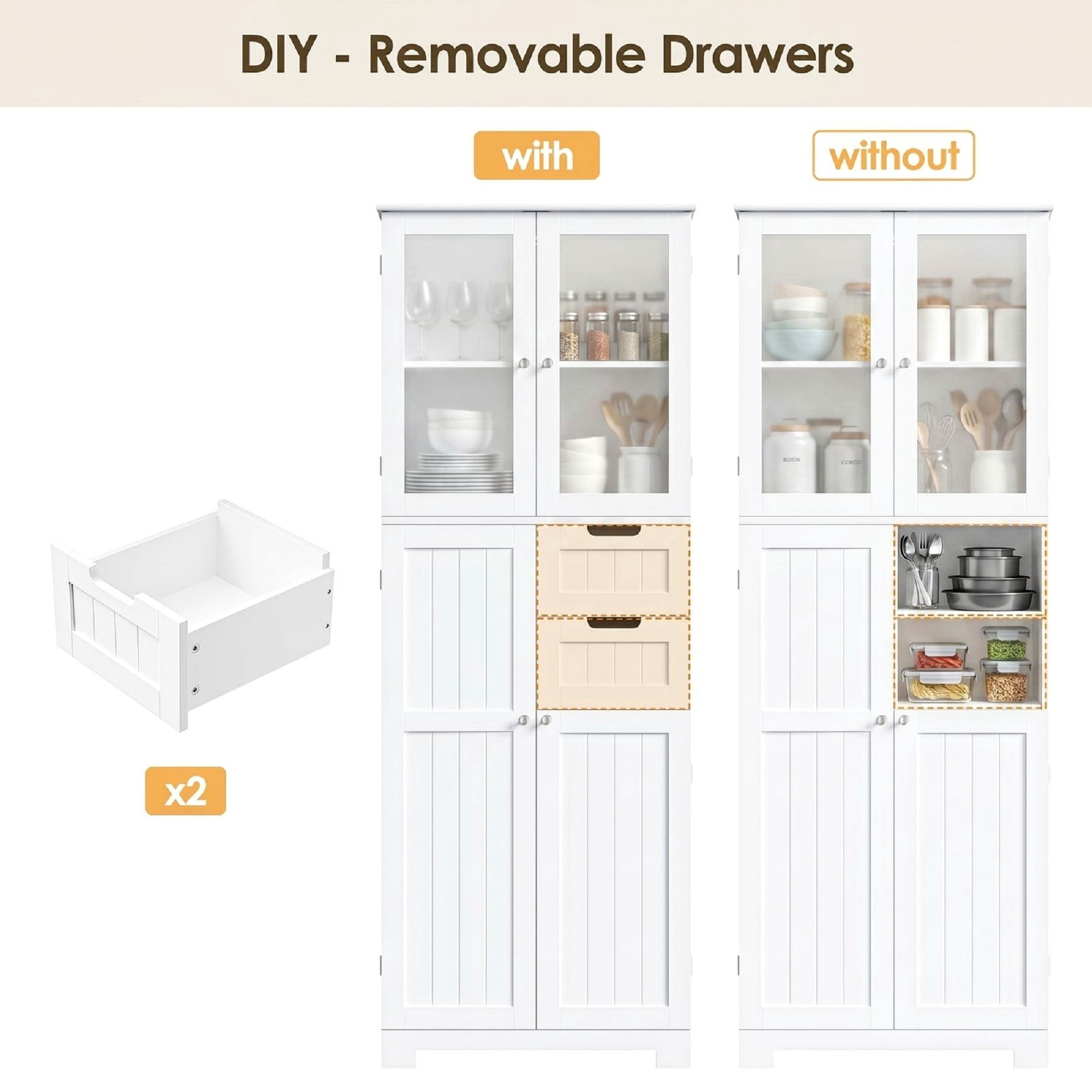 Homfa Kitchen Pantry Storage Cabinet, 67" White Pantry Cabinet with Doors and Removable Drawers, Freestanding Cupboard for Dining Room