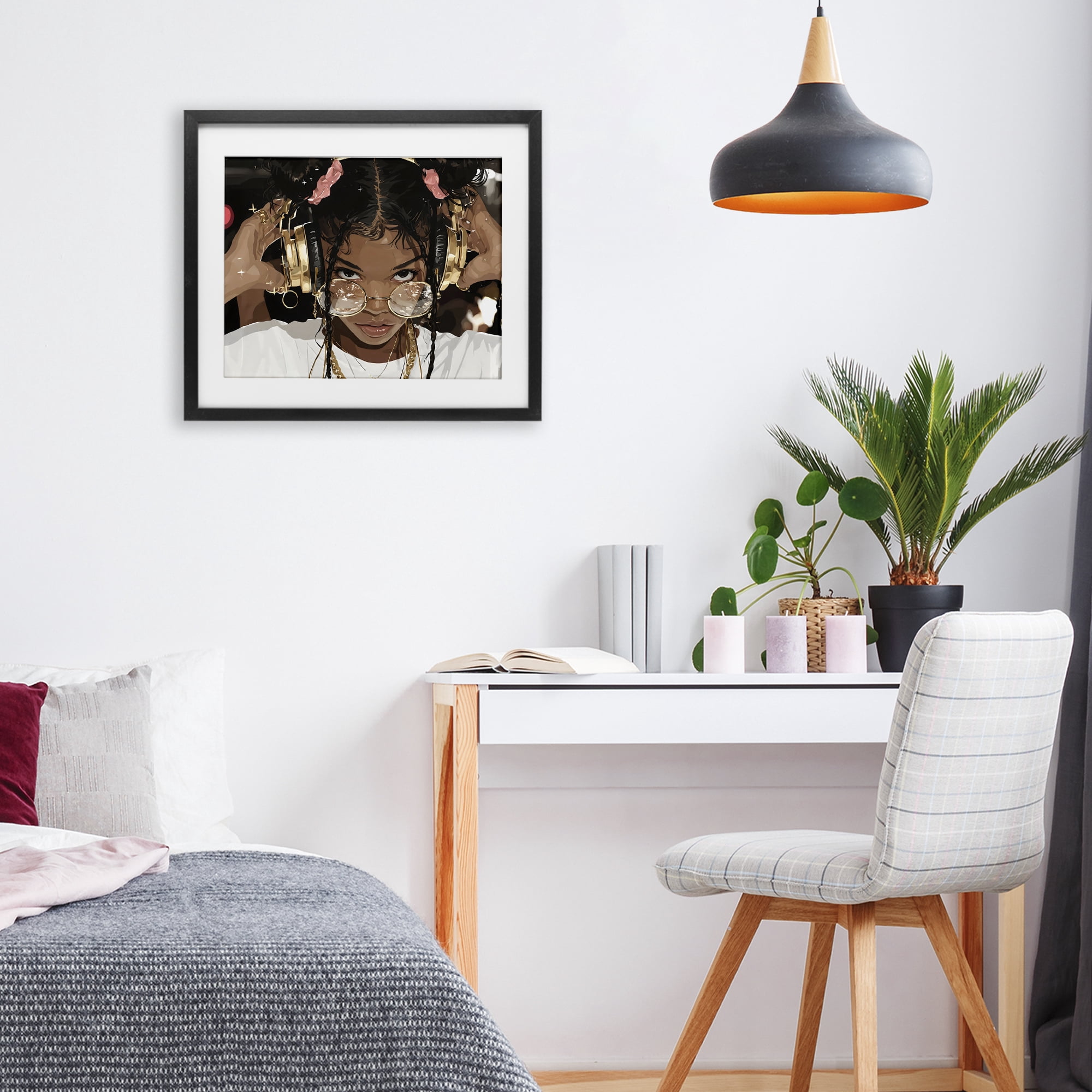 Stupell Industries Trendy Girl with Gold Headphones Black Framed Print Under Glass, design by Franklyn Gregory