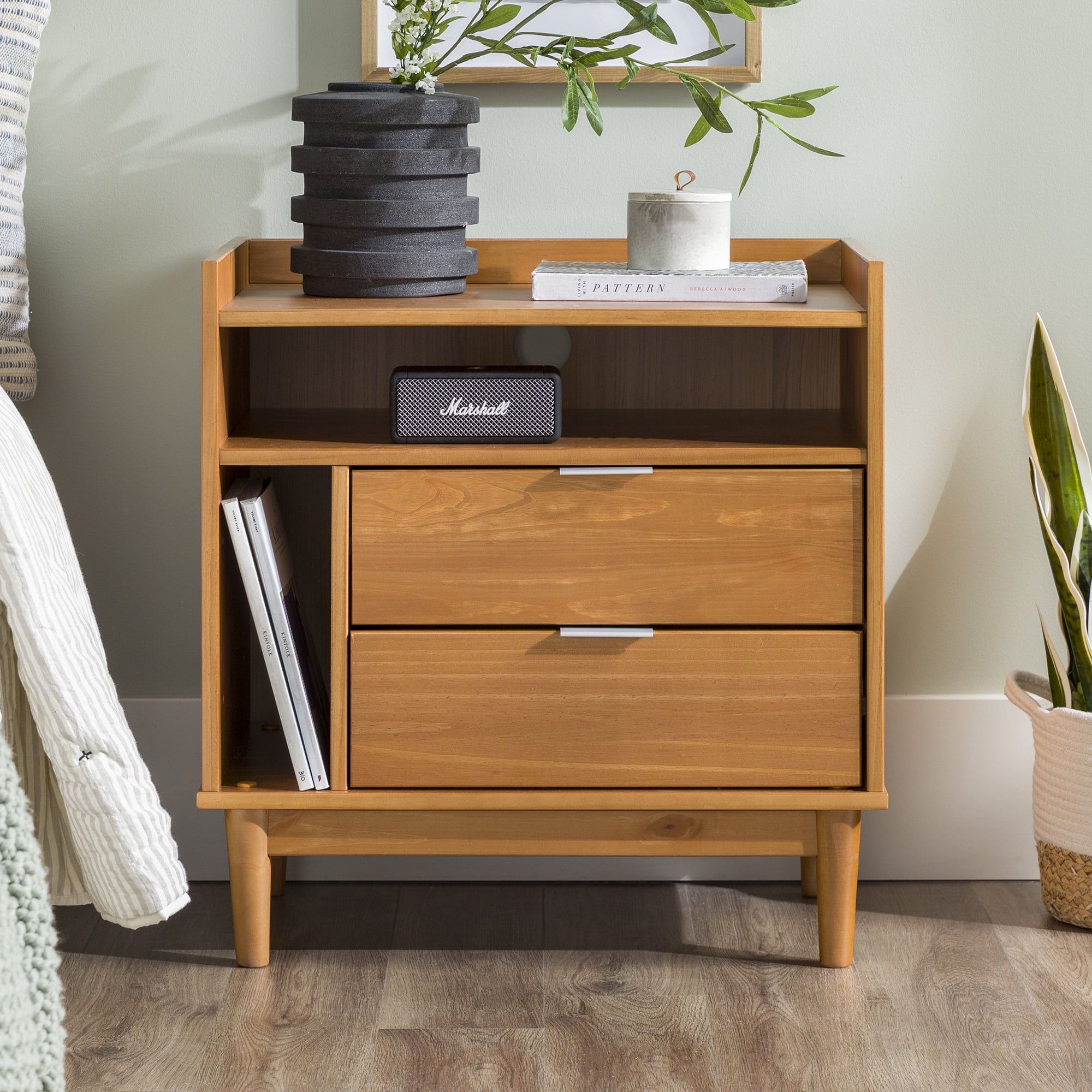 Walker Edison Mid-Century Modern 2-Drawer Wood Nightstand, Solid Caramel